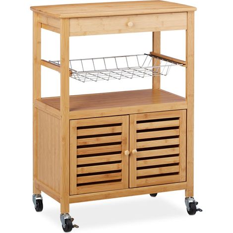 Desserte de cuisine moderne multi-usage avec roulettes 80 x 40 x 85 cm en bambou nature (1/5)