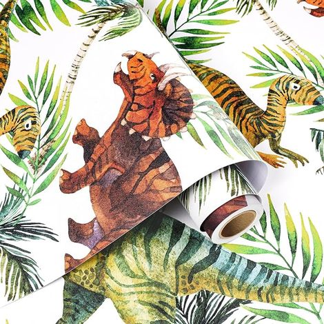 Papier Adhesif pour Meuble Enfant Dinosaure 44.5cmX300cm Papier Peint Adhesif Mural Vert Animaux Motif Dessin Animé Film Autocollant Decoratif pour Armoire Stickers Porte Placard Imperméable (1/5)