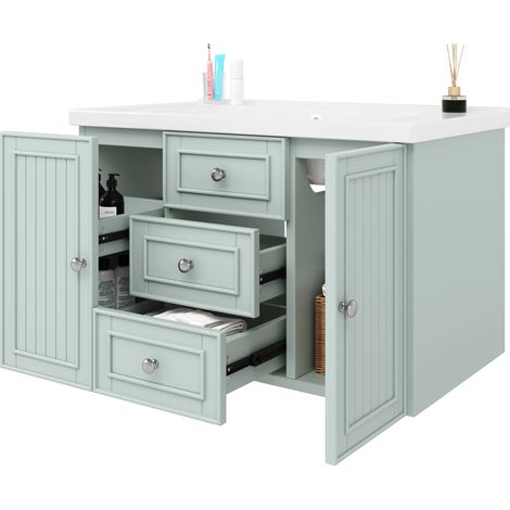 Meuble de salle de bain avec vasque en céramique- 3 tiroirs et armoire –Lavabo suspendu- Façade laquée -78,5×46×46,8 cm- Vert