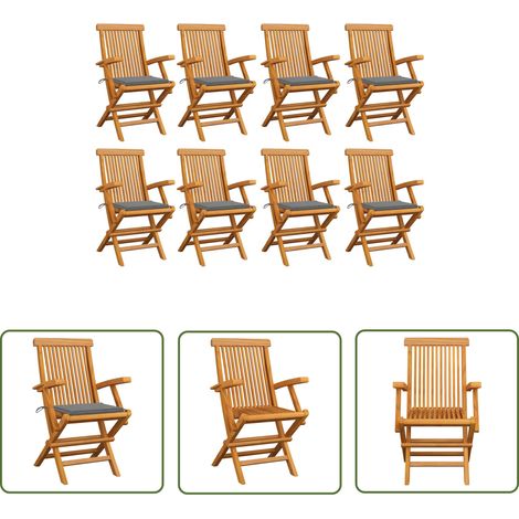 The Living Store Chaises de jardin avec coussins gris lot de 8 Bois teck massif - Chaise De Jardin - Mobilier De Jardin - Chaise En Bois - Set De Chaises - Terrasse (1/5)