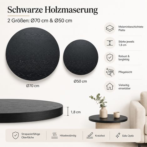Lot de 2 plateaux ronds en panneaux mélaminés noirs, Ø 70 cm et Ø 50 cm, épaisseur 18 mm, inserts filetés M6, finition aspect bois, sans pieds ni structure (1/5)