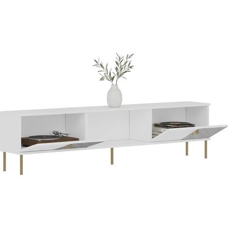 Mueble para TV Imerese, 2 puertas, 3 compartimentos, apertura abatible, 180x30x45h cm blanco