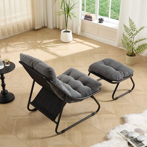 Fauteuil terrasse inclinable avec ottoman et coussin confortable,cadre noir gris parfait pour salon chambre et espace repos.