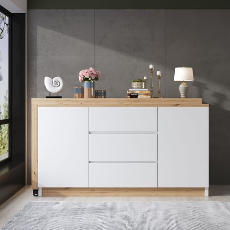 Bureau multifonction blanc/chêne pliable avec roulettes verrouillables-Da. Table pivotante épaisse 4 cm,adaptable en bureau d’angle et buffet. (1/5)