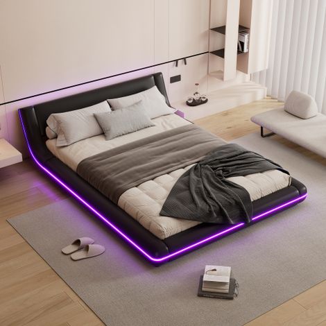 Lit au sol - 140x200 cm - lit adulte avec LED - en PU noir - sans matelas (1/5)