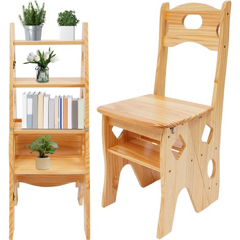 Virellio – Chaise de bibliothèque pliante en bois – Escabeau-chaise 4 marches pliable – Charge jusqu'à 100 kg – Présentoir à fleurs – Support d'exposition multifonctionnel – Couleur bois naturel
(1/5)