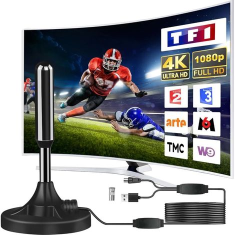 Antenne TV IntéRieur Puissante, Nouveau pour 2025 Antenne TNT IntéRieur Puissante, CâBle Coaxial De 5m, RéCeption Longue Distance 500km, 360 DegréS sans Angle Mort