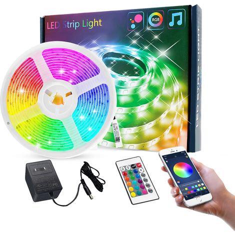 Bande LED Bluetooth 5050 RGB de 20 m avec rythme musical (boîte contenant 1 bande LED, 1 alimentation et 1 télécommande). (1/5)