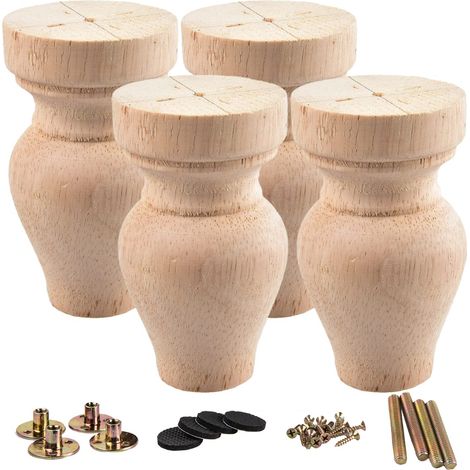 Lot de 4 pieds de meubles en bois massif sculpté avec plaque de montage et vis pour meuble de canapé, table basse, meuble TV (1/5)
