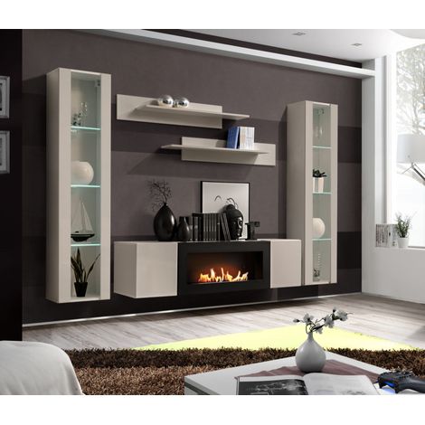 Ensemble meuble TV mural Fly M2 avec cheminée bioéthanol, vitrine et éclairage LED - Bois MDF cachemire - 260 x 170 x 40 cm - Livraison gratuite (1/3)