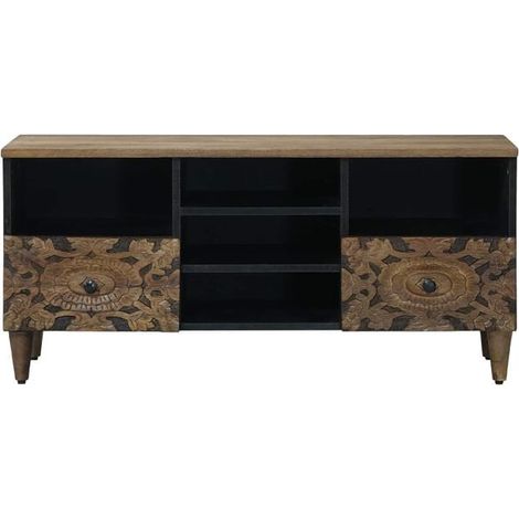 Meuble TV en Bois de Manguier Massif, Style Industriel Vintage, Buffet Bas de Salon avec Rangement, 100 x 33 x 46 cm, Couleur Marron (1/5)