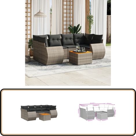 7-tlg. Garten-Sofagarnitur mit Kissen Grau Poly Rattan - Gartenmöbel - Esstischgarnituren - Outdoor Möbel - Lounge Set - Rattan Gartenmöbel