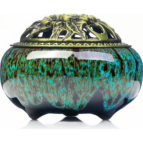 Brûleur d'encens en céramique avec porte-encens + isolation pour bâtons d'encens ou spirales d'encens, cône de sauge et encens (nouveau vernis de changement de four bleu) (1/5)