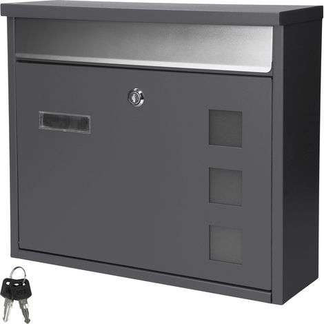 ECD Germany Briefkasten mit Namensschild und Sichtfenstern, 36x31,5x11,5 cm, Anthrazit-Silber, aus Edelstahl pulverbeschichtet, abschließbar, 2 Schlüsseln, Moderner Wandbriefkasten, Design Postkasten
