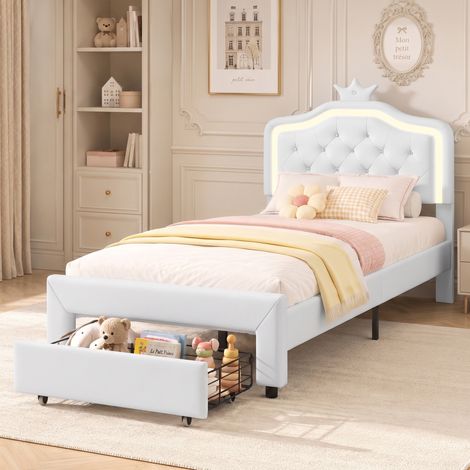 Letto per bambini 90x200 cm con LED RGB e cassetto, letto da principessa per bambina, testiera regolabile in altezza, struttura letto a corona in pelle PU, Bianco (1/5)