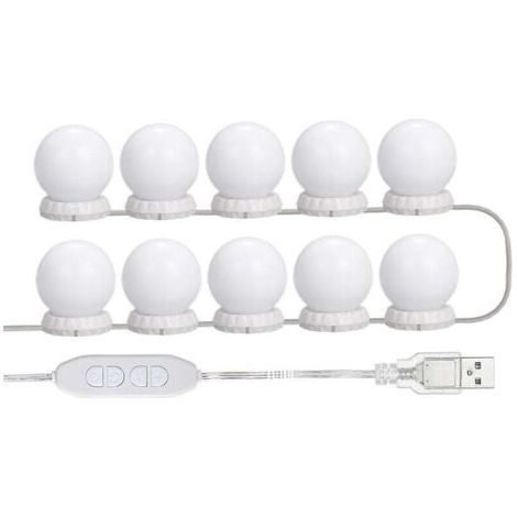 Kit de iluminación LED para espejo de tocador, con 10 bombillas ajustables, 10 niveles de brillo y 3 modos de iluminación, tipo USB, blanco - blanco (1/5)