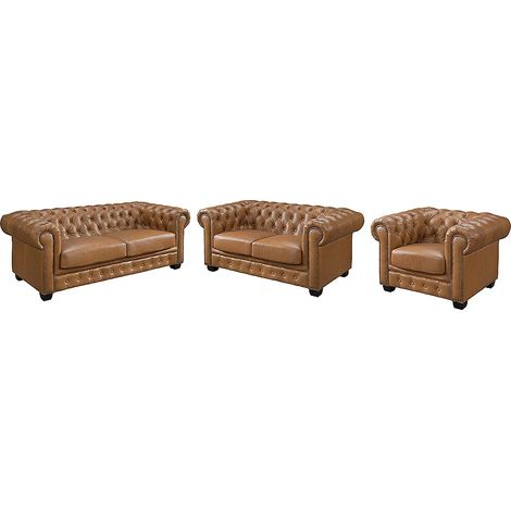 Canapés chesterfield 3 places 2 places et un fauteuil BRENTON 100% cuir de buffle premium - Caramel vintage (1/5)