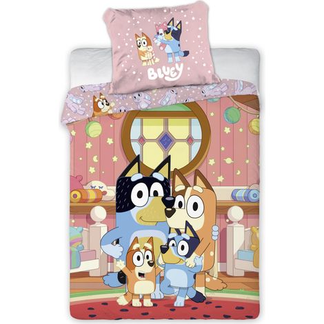 BLUEY PARURE DE LIT ENFANT 100% COTON - HOUSSE DE COUETTE RÉVERSIBLE 100X135 CM ET TAIE D'OREILLER 40X60 CM - CERTIFIÉE OEKO-TEX