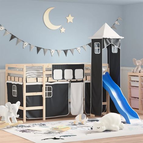 vidaXL Tende per Letto a Soppalco con Torre Bianco e Nero Poliestere