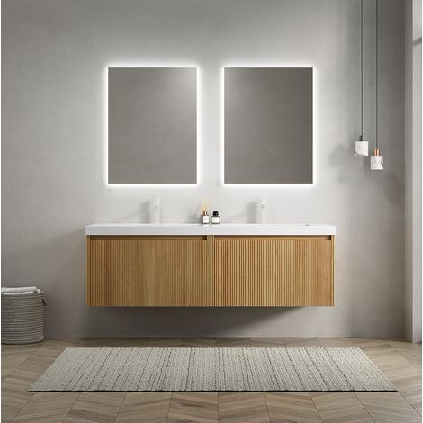 Hängender Badschrank 140 cm mit Doppelwaschbecken aus weißem Kunstharz und 2 Schubladen (1/5)