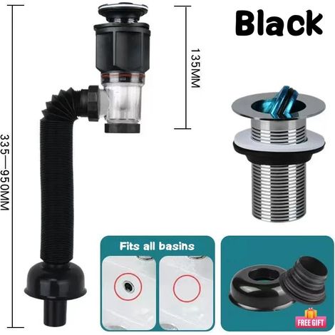 (Noir) Ensemble de tuyau de drainage à clapet anti-odeurs, rétractable, flexible et anti-obstruction. (1/5)