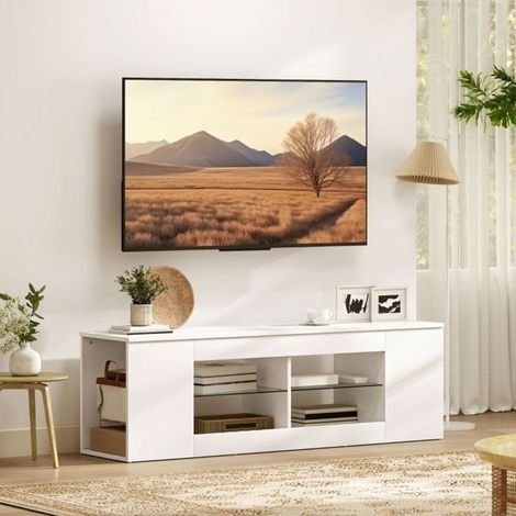 Meuble tv 140 cm 6 compartiments de rangement 2 étagères en verre panneau de particules finition blanche (1/5)