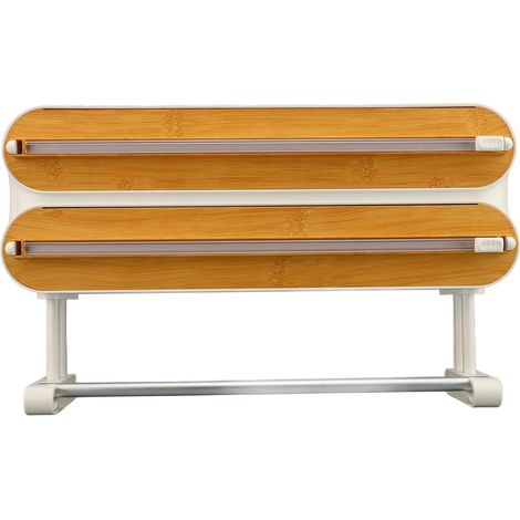 Innovativo dispenser 3 in 1 regolabile da parete per pellicola di sicurezza in plastica con finitura effetto legno, organizer per pellicola con taglierina per fogli di alluminio e carta cerata. (1/5)