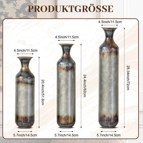Lot de 3 vases en métal vintage, 51,8/62/72 cm, non étanches OKMYHOME (1/5)