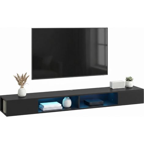 Meuble TV suspendu 180 cm avec éclairage LED RGB et étagères ouvertes, design noir moderne 177,8 x 30 x 18 cm (1/5)