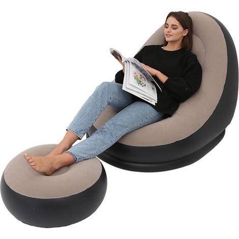 TRADE SHOP - Sedia Gonfiabile Poltrona Lounge Con Sgabello Portatile Pvc Floccato Per Campeggio - (1/5)