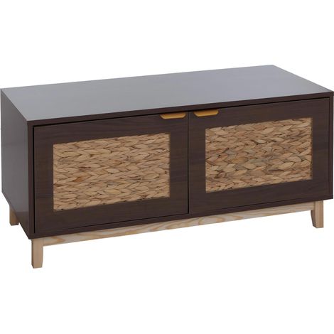 Banc HHG-926, banc de vestiaire, étagère à chaussures, rangement à chaussures, MDF mélaminé, façade en jacinthe d'eau 45x100x42cm, aspect noyer