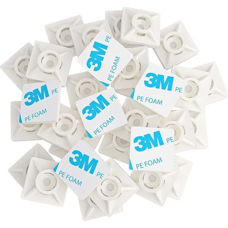 Embases Adhesive pour Attache de Cable, 19mm x 19 mm, Blanc, Serre-Câbles Auto Adhésif, Support de Serre Câble Plastique, Embase pour Collier de Serrage (1/5)