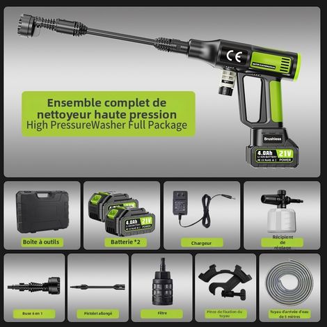 Nettoyeur Haute Pression Sans Fil 100 bar–730 PSI Kraftvoll, 21 V mit 2 Batterien, 6-in-1-Bus, ideales Auto, Terrasse und Garten (1/4)