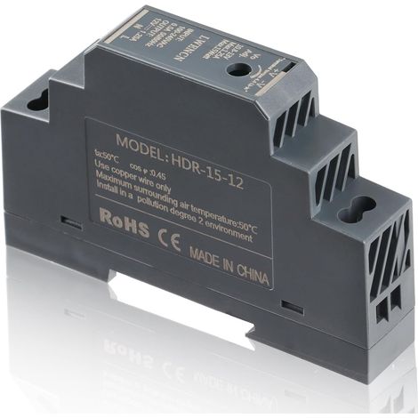 Alimentation 12V DIN HDR-15-12, Bloc d’Alimentation Industrielle 15W 1.25A sur Rail DIN, Entrée 100-240V AC, Sortie 12V DC Stabilisée, Transformateur pour Automatisation Industrielle et Domestique (1/5)