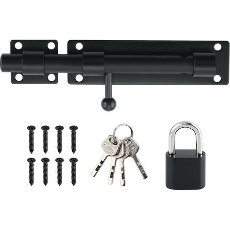Loquet Porte Exterieur Verrou Porte Coulissante avec Cadenas et 4 Clés, Verrou Portail Robuste en Acier Inoxydable, 180MM Longueur, Noir Mat, EMST8080-B Verrou de serrure verrouillable pour portail, (1/5)