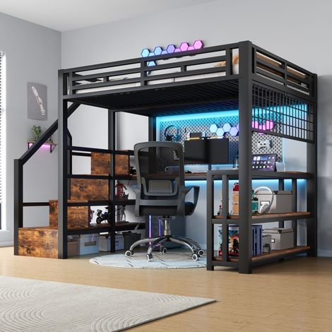 Lit superposé 140x200 cm, cadre en métal noir, étagères de rangement, filet suspendu, bande LED, bureau intégré, échelle avec tiroirs, 2 ports USB et 1 prise Type-C, sans matelas. (1/5)