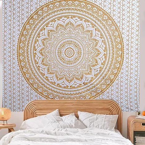 Tapisserie murale Mandala JeiibrZui dorée - 213 x 228 cm - 1 pièce - Décoration murale - Style bohème ombré pour salon et chambre (1/5)