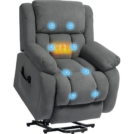 Fauteuil de télévision avec massage et chauffage, fauteuil releveur électrique, télécommande, poches latérales, de couleur grise.