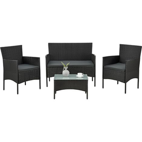 Juskys Polyrattan Gartenmöbel-Set Fort Myers – Balkonmöbel-Set mit Tisch, Sofa & 2 Stühlen – Sitzgruppe 4 Personen Schwarz mit Auflagen Grau (1/8)