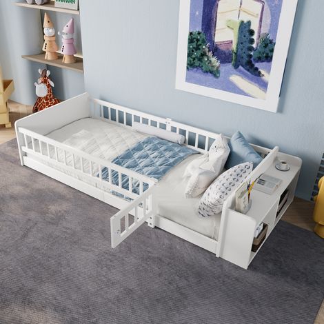Cama infantil de madera de pino blanca 90x200 cm con almacenaje abierto y barrera abatible (1/5)