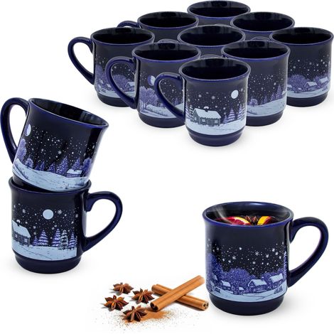 Feinkeramik Glühweintassen mit 3 winterlichen Motiven - 12er Set - Weihnachtsbecher aus Porzellan 200 ml mit Henkel