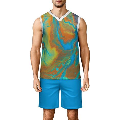 Ensemble de Basket-Ball Homme Maillot de Basket Adulte Tenue de Sport sans Manches Col en V Débardeur & Short de Fitness Match Entraînement,Aquarelle Imprimer (1/5)