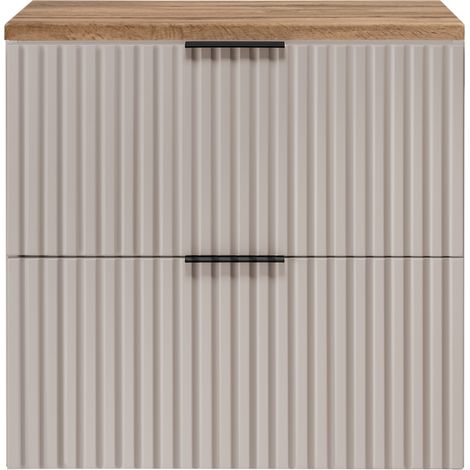 Furnidea - Meuble sous vasque à suspendre FLOW cachemire avec le plan chêne wotan 60 cm - 2 tiroirs - façades rainurées (1/5)