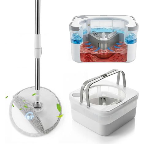DEANIC 90° Bodenwischer Wischmopp Set mit Eimer, 2-Kammer-System für Schmutz- & Frischwasser Trennung, Flachwischer mit Auswringfunktion, Reinigt Ecken & Kanten mühelos mit Mikrofaser Pads (Weiß) (1/5)