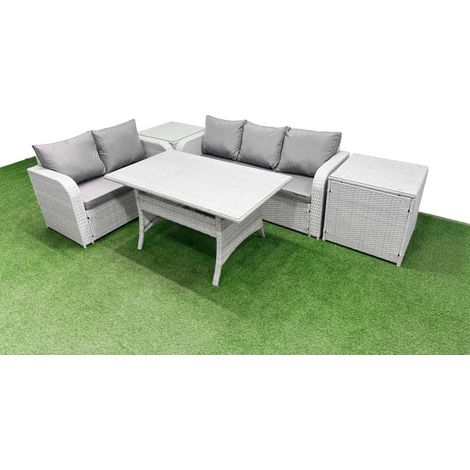 Fimous 5 Seater PE Rattan Wicker Garden Furniture Patio Conservatory Sofa Set with Rectangular Dining Table 3 Seater Sofa Love Sofa 2 Side Table (1/4)
