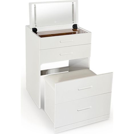 Coiffeuse compacte 60cm avec miroir LED, tiroir et pouf intégré Germina XL Blanc
