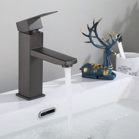 Robinet de lavabo bas en acier inoxydable brossé gris polaire pour lavabos de salle de bain avec eau chaude et froide, lavabos et vasques à poser. (1/5)