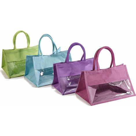 Borsette in juta colorate con finestra trasparente e manici in corda per confezioni regalo, set da 4 pezzi, cm 36x29x24 H (con manici44)