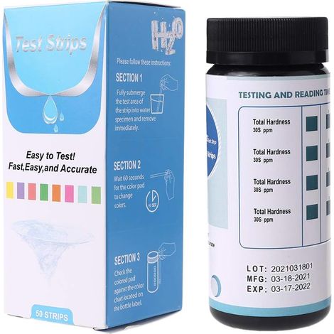 Lot complet de 50 bandelettes de test de dureté de l'eau. Kit de test de dureté de haute qualité adapté aux adoucisseurs d'eau, lave-vaisselle, puits, spas et piscines.