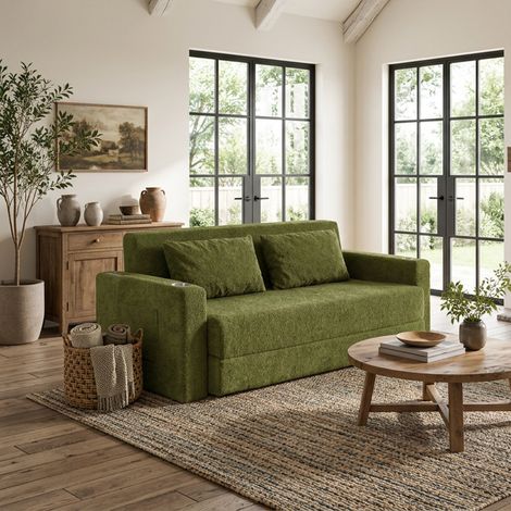 Canapé convertible 2 places – Canapé droit 2 en 1 gain de place – Tissu chenille effet brillant – Sans assemblage – Facile à déplacer – 153×77×65 cm – Vert (1/5)